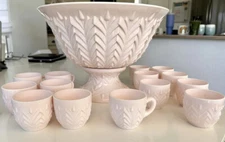 1950s JEANETTE FEATHER SHELL PINK GLASS PUNCH BOWL, BASE, 14 CUPS