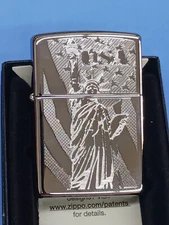 Zippo 250 USA Flag Statue of Liberty High Polish Chrome 250-48660