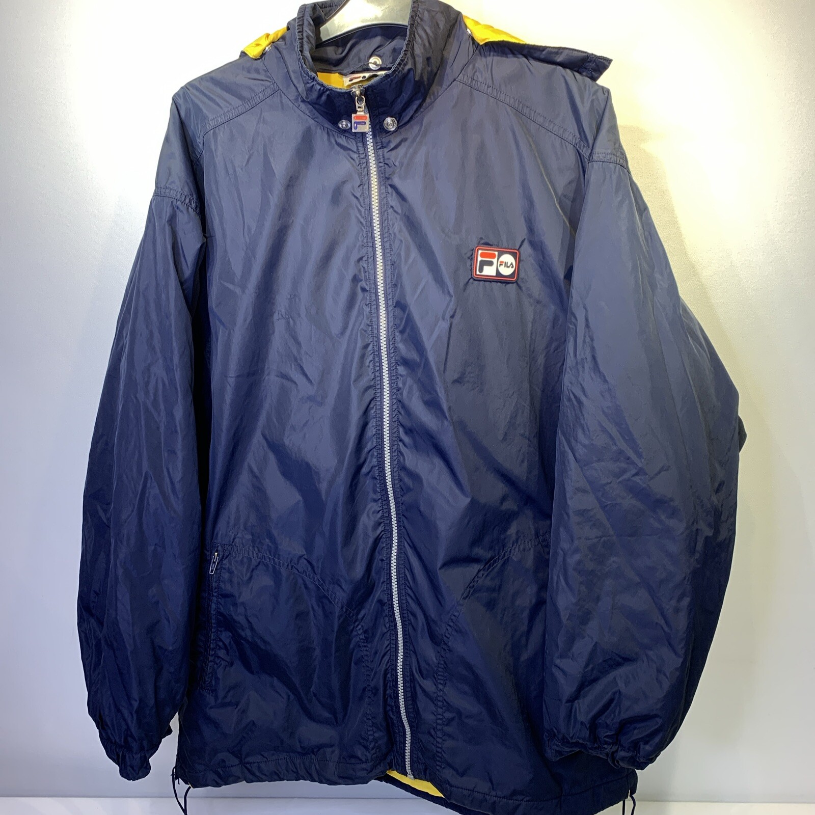 Cappotto uomo vintage FILA blu navy con cappuccio e fodera gialla taglia M