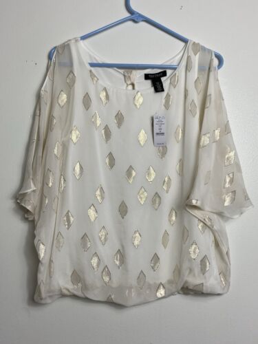 White House Black Market 100% Silk Off Shoulder Sleeve White Gold Size Medium