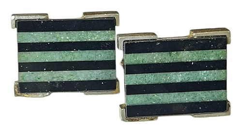 Vintage Dante Green Nephrite Black Onyx Gold Tone Cufflinks