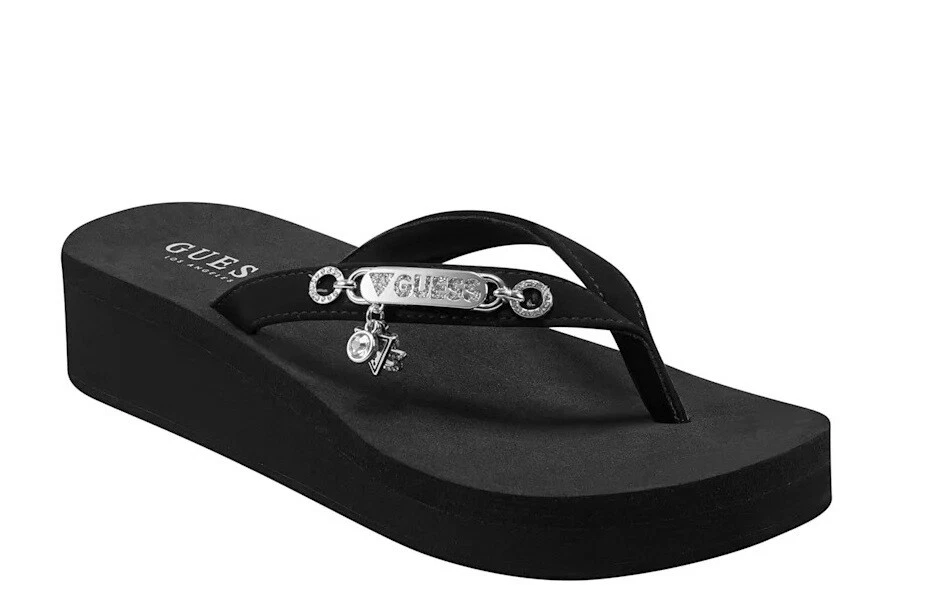 NEW GUESS Women's Black Charm Platform Heel Flip Flops Sandals Shoes Size 9