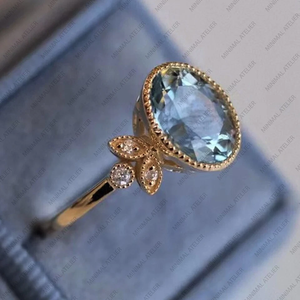 Anillo vintage de piedras preciosas de aguamarina y circonita cúbica, oro de plata de ley 925 para su boda Foto 4 de 4