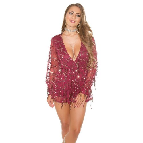 Glamour Party Chiffon Playsuit Overall mit Pailletten Bordeaux #OV367 - Bild 1 von 30