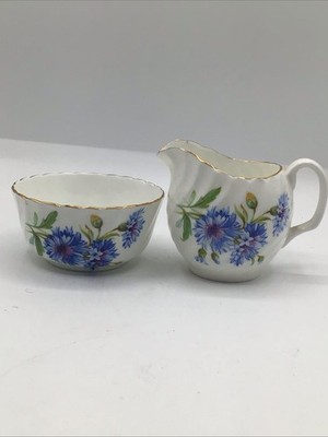 Adderley England Fine Bone China Creamer And Sugar Blue Cornflower