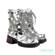 Sequins Ankle Boots Cuban Heel Performance Womens Lace Up Shoes Platform Cosplay