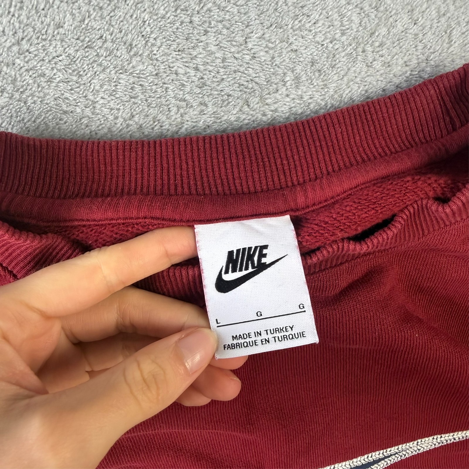 VTG Nike Burgundy Navy Big Swoosh Heavyweight Oversized Lrg Pullover Sweatshirt image 6