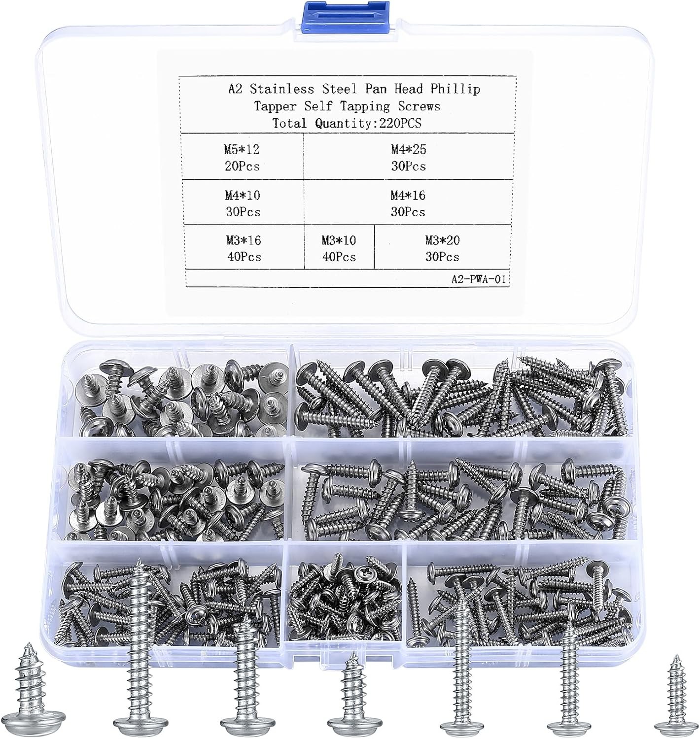 220 Pcs Self Tapping Screws, M4 Cross Pan Head Wood Screws with Washers, 304