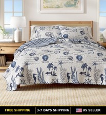 Navy Coastal 3-Piece Quilt Set with Shams for Summer Beach Decor