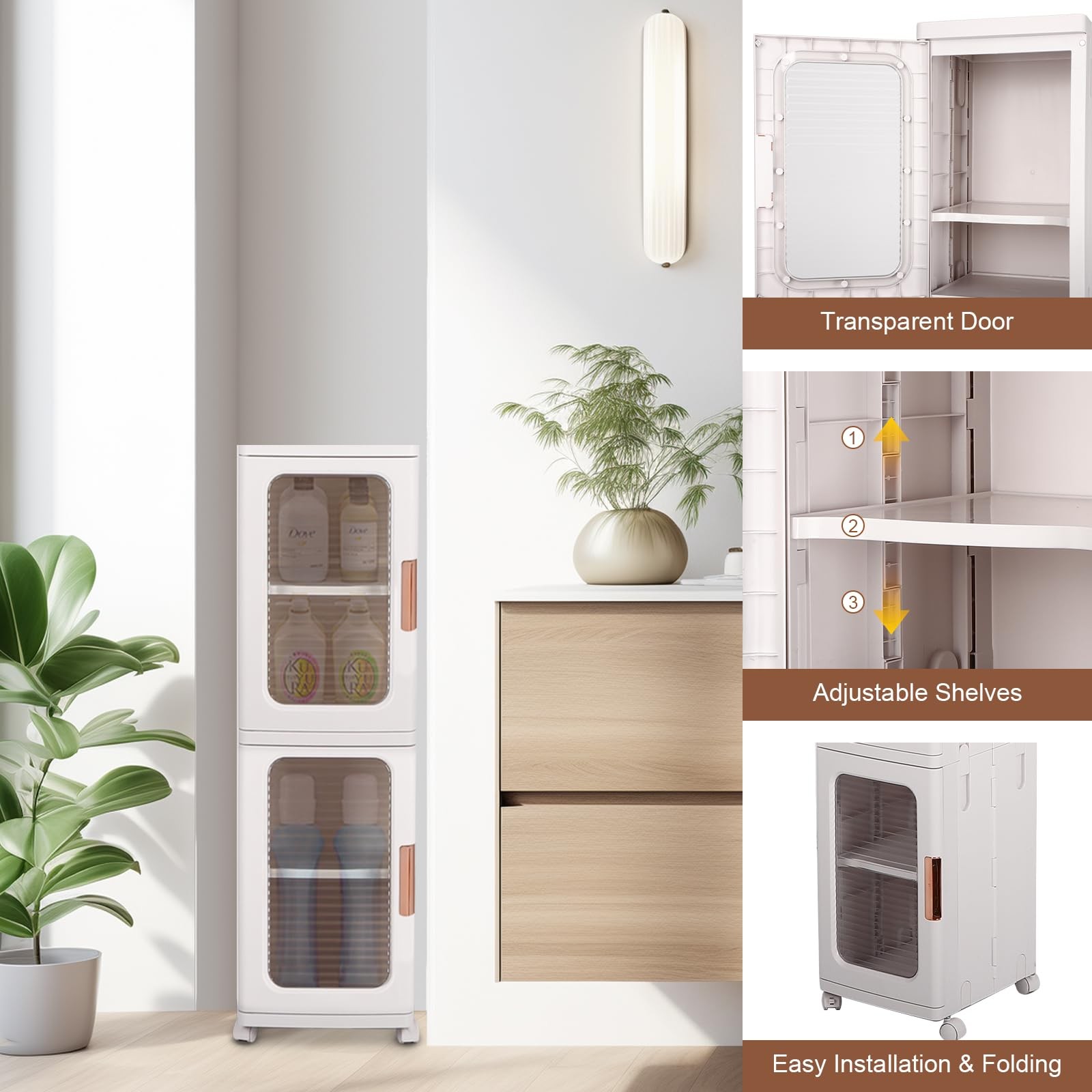 2-Tier Narrow Storage Cabinet with Transparent Doors and Adjustable Shelves, ...