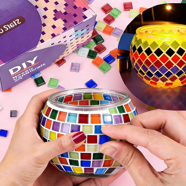 Mosaik Bastelset FüR Kinder, Kreatives Glasmosaik-Kerzenhalter-Kit FüR MäDchen J-image