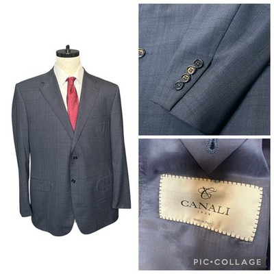 Canali 1934 Sport Suit Blazer Men 42US R 40UK Blue Micro Plaid Wool Jacket Italy