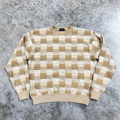 Marcello Sweater Mens Large Beige Check Tight Knit Crewneck Pullover Italy