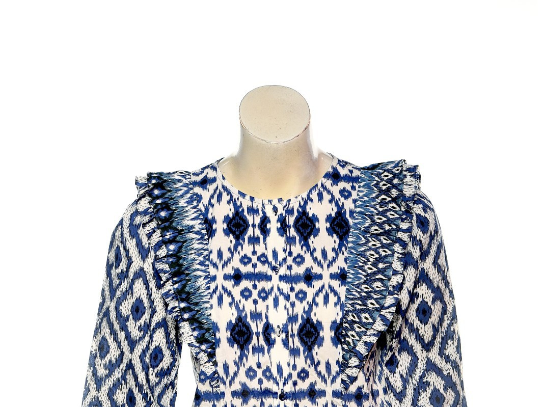Sezane Boby Blouse Blue Ikat S 36 Women Printed Ruffle Shirt Boho Top NWT 45356