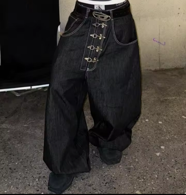 Y2K Retro Opium Black Denim Baggy Jeans with Silver Buckle