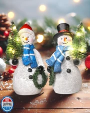 GoGnome Duo 5'' Resin Snowman Figurines with Lighted Christmas Tree Wreath - 