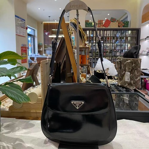 Prada Nero Black Small Cleo Brushed Leather Flap Shoulder Bag