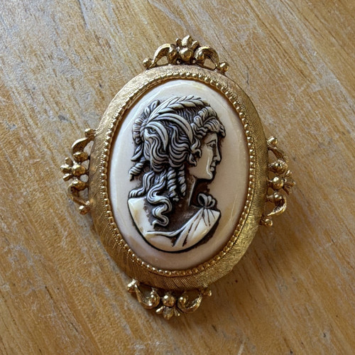 Florenza Oval Cameo Portrait Brooch Pin Gold Tone Frame Cream Black Plastic