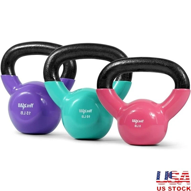 Dumbbells Vinyl Coated Kettlebell Set Cast Iron Weights Full Workout Fitness New
