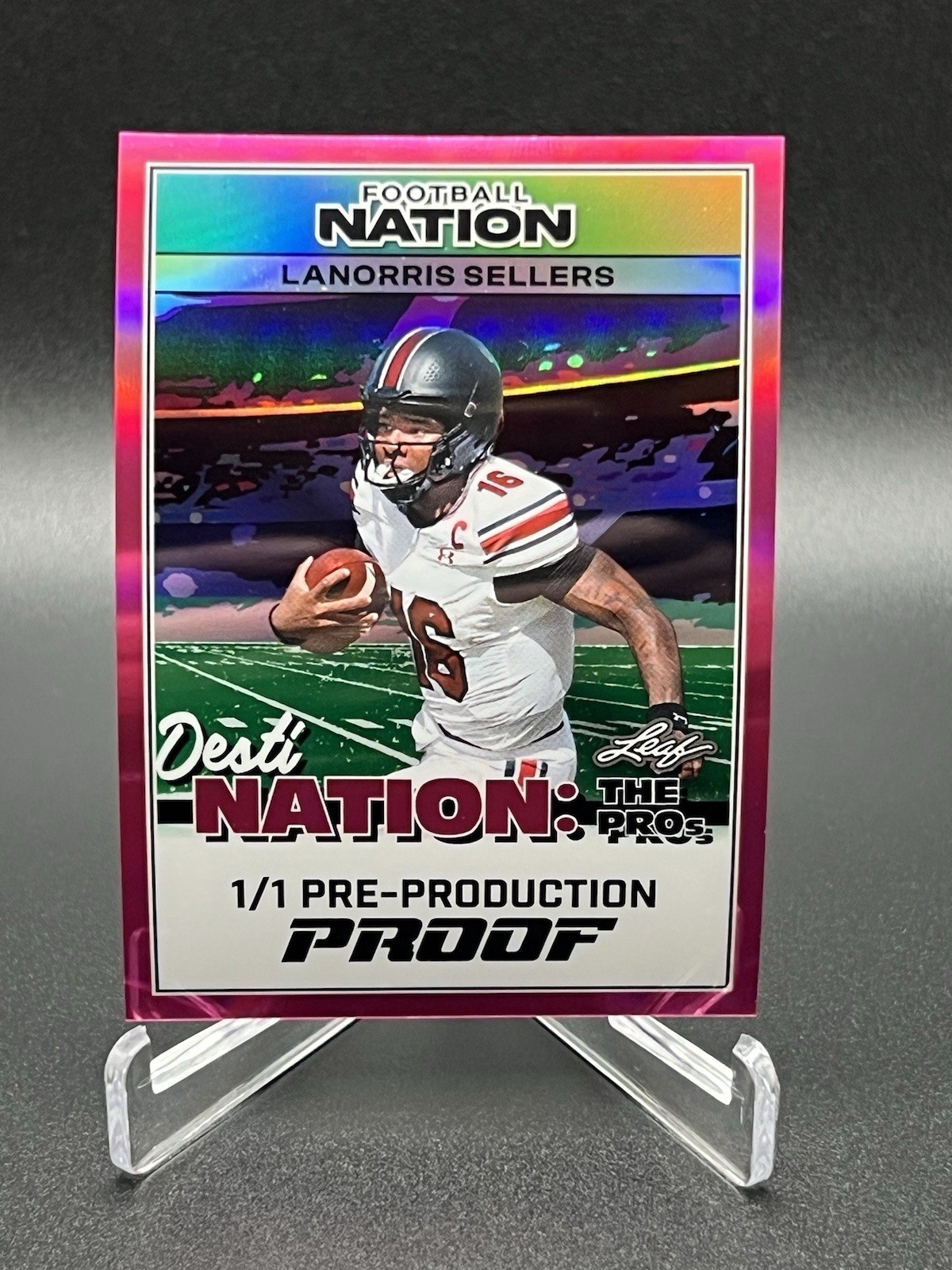 Leaf 2025 Football Nation The Pros LaNorris Sellers 1/1 Pink Pre-Prod Proof