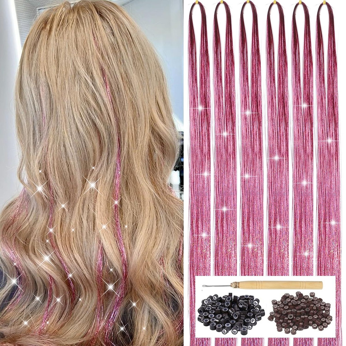 Pink Hair Tinsel Kit with Tool 6pcs 1200 Strands Glitter Tinsel