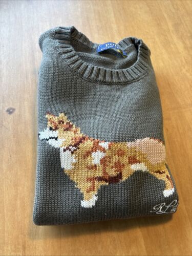 155 Ralph Lauren CORGI Dog Intarsia Knit Sweater Jumper taupe L runs small NEW - Picture 8 of 8