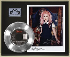 Cyndi Lauper "Girls" Reproduction Signed Silver Record Display Wood Plaque