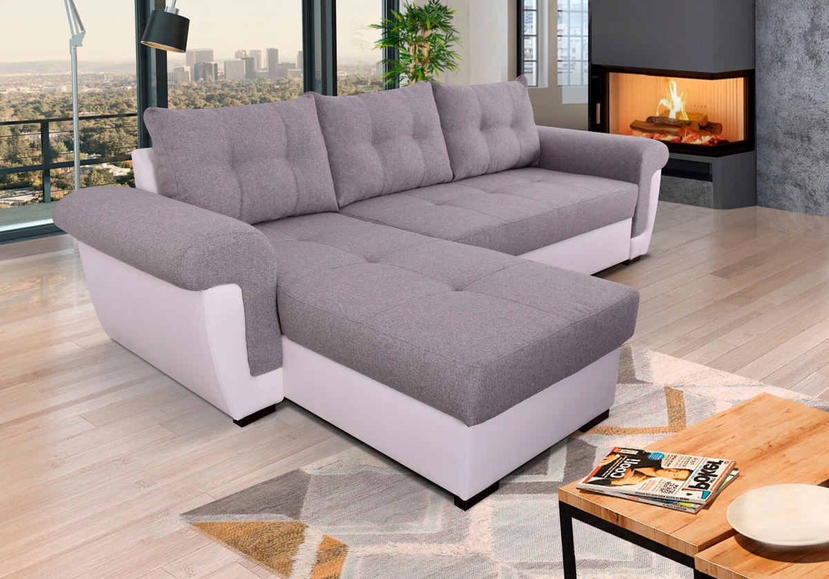 Corner Sofa Bedin Easy Clean fabric and White PU Leather. Sofa bed L shape