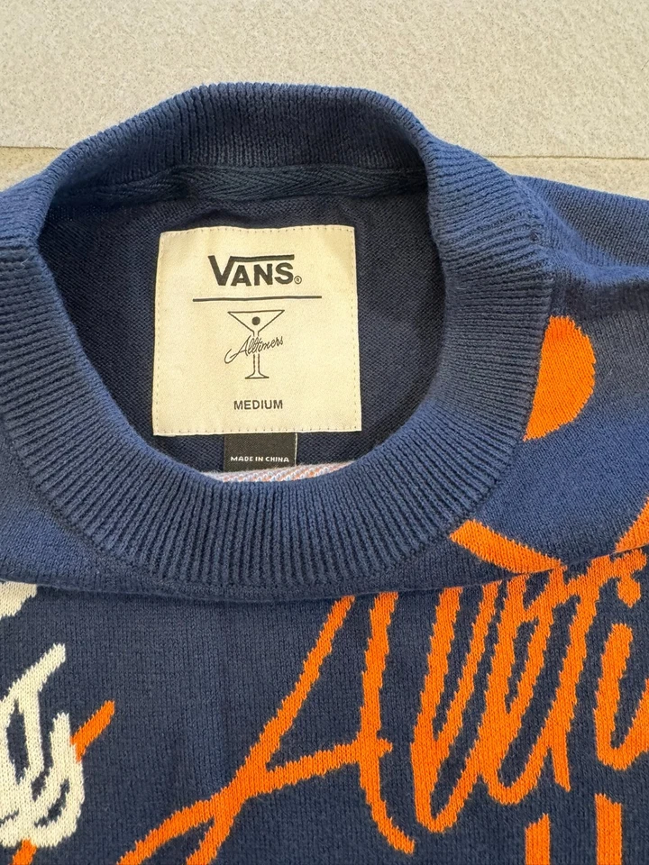 Vans Sweater Men's Medium New Alltimer Blue Knit Printed Pullover Crew MSRP $110 - Image 2 of 4
