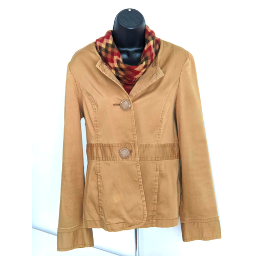 Women Coat Tan Shaped Pleated Cotton Button Jacket No Collar Pockets Size M - Picture 4 of 6