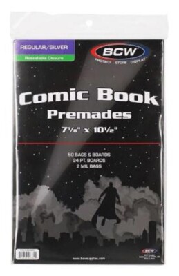 50 BCW vorgefertigte wiederverschließbare normale/silberne Comic-Taschen & -T...