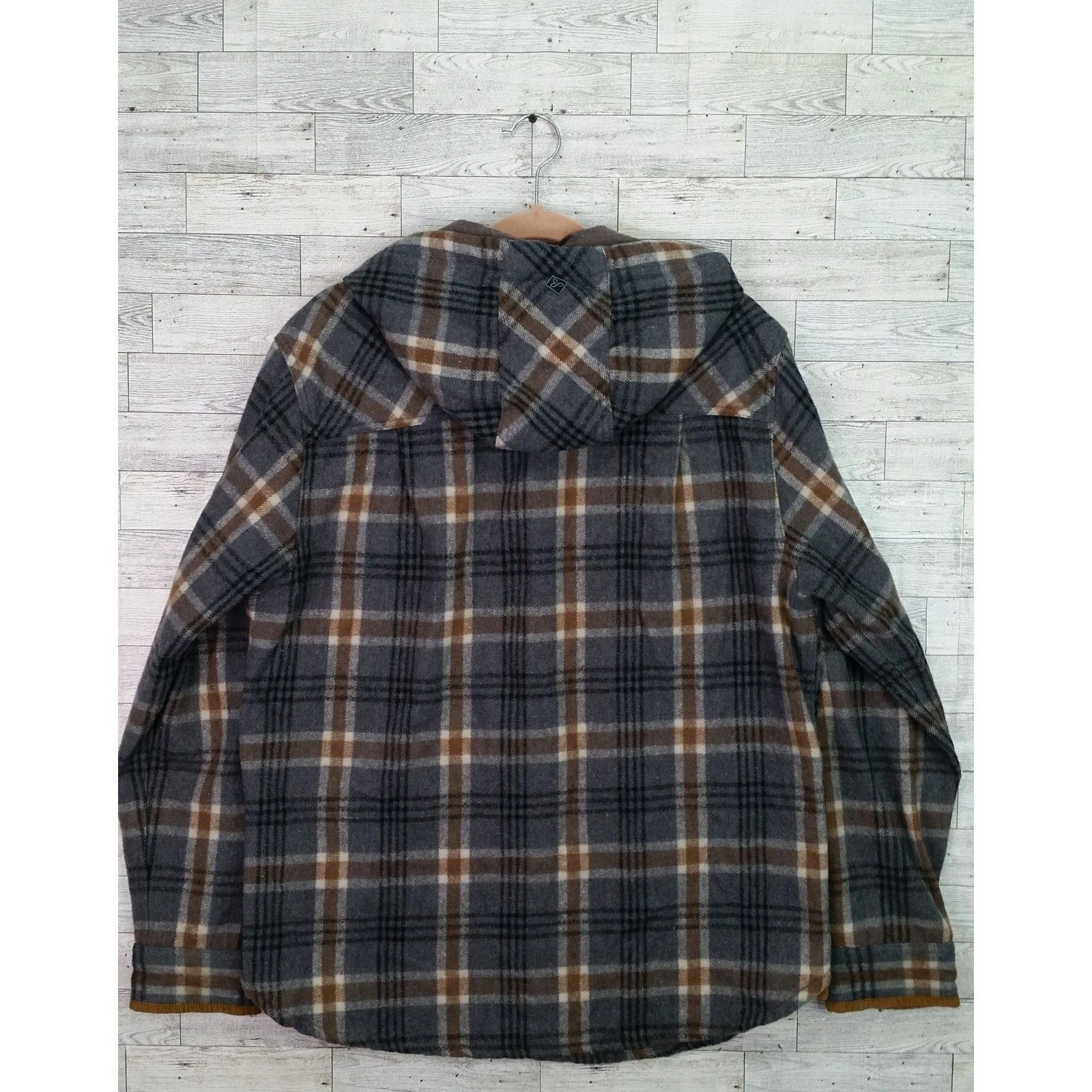 PrAna Asgard Men's L Gray Brown Plaid Hooded Flannel Jacket Snap Front image 3