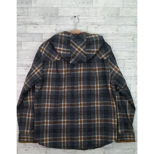 PrAna Asgard Men's L Gray Brown Plaid Hooded Flannel Jacket Snap Front image 3