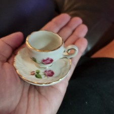 Tiny Miniature Porcelain Cup  Saucer Pink Rose