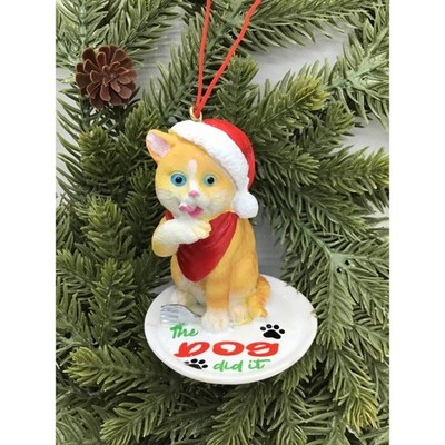 CAT Christmas Ornament 'The Dog Did It' Licking Paws Humorous Feline