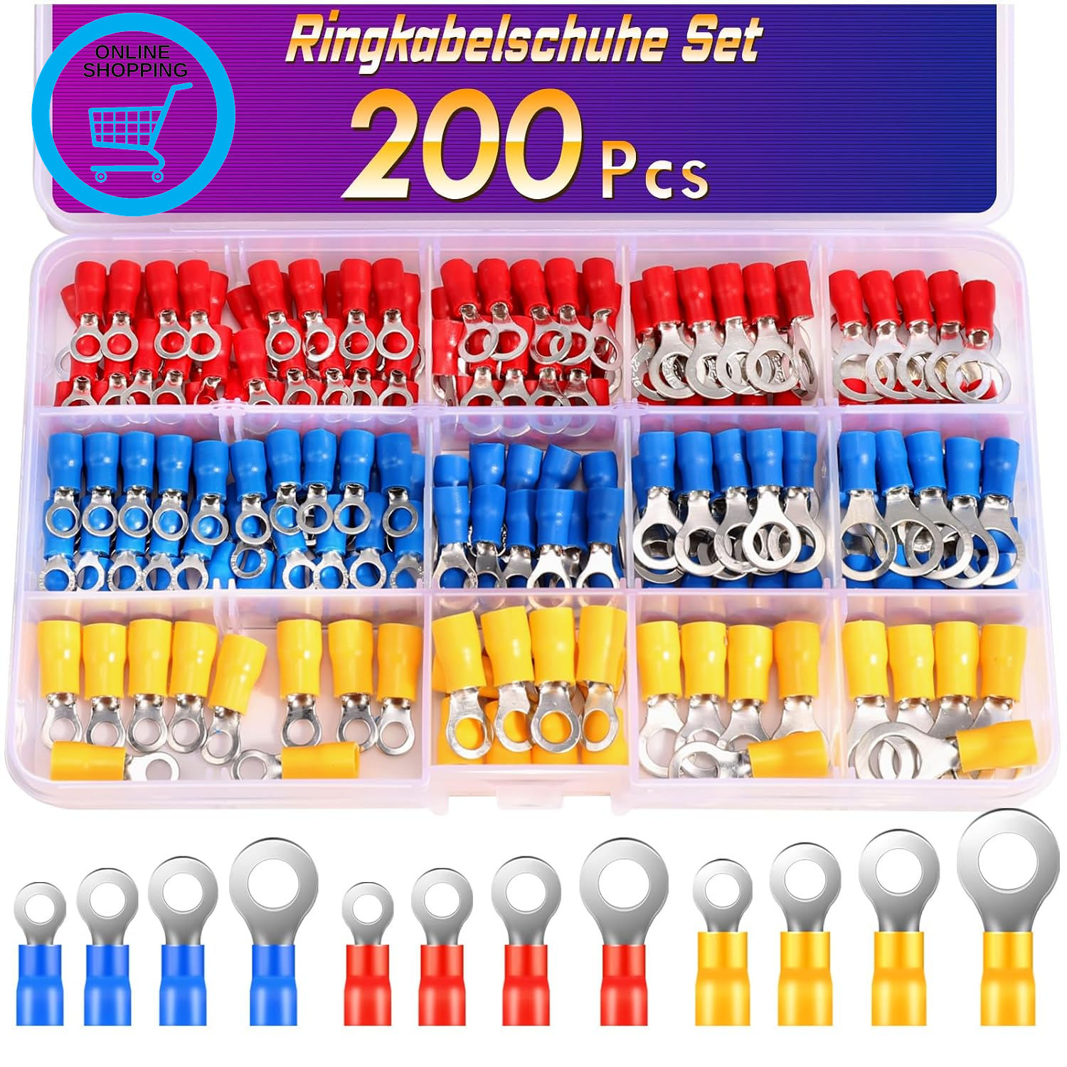 200 PCS Ring Terminals,  0.5-6.0Mm² Ring Crimps Terminals Connectors, Insulated