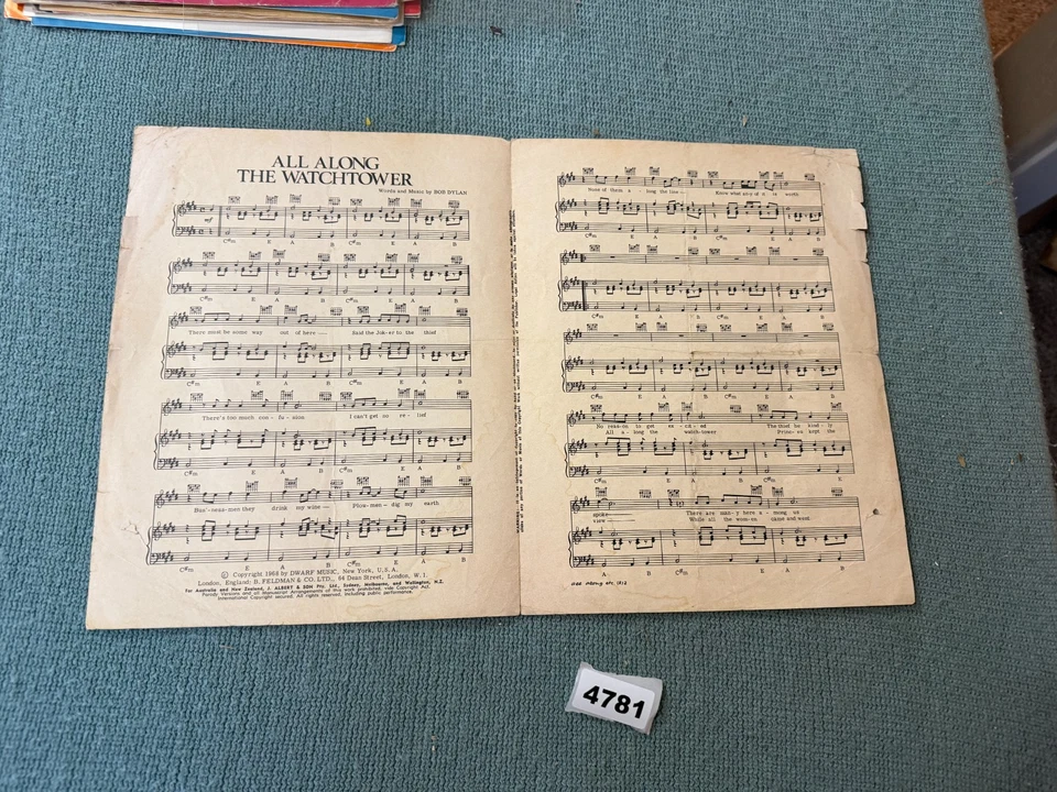 RARE JIMI HENDRIX "All Along the Watchtower" 1968 Sheet Music BOB DYLAN-4781 - Image 2 of 3