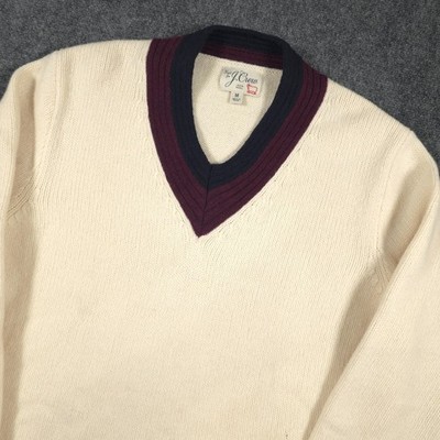 J Crew Knit Cricket Sweater Mens M Cream Merino Wool Pullover V-Neck Preppy READ