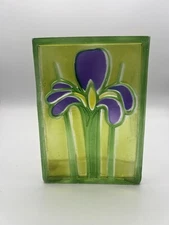 Vintage Textured Art Glass BRICK Rectangle Green Purple Iris Floral Flower Vase