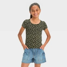 Girls' Scoop Neck Ribbed T-Shirt - Art Class Black/Daisies XXL 16/18
