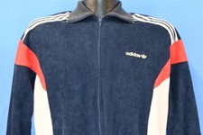 vtg 80s ADIDAS TREFOIL THREE STRIPE NAVY RED ZIP-UP VELOUR TRACK JACKET LARGE L