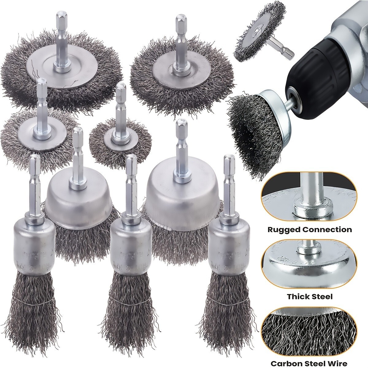 Wire Brush Wheel Cup Brush Set 10 Pack, Wire Brush for Drill 1/4 Inch Shank Hex