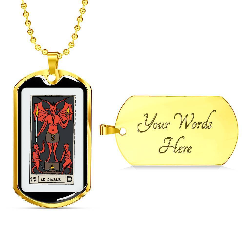 Tarot Card Necklace The Red Devil Le Diable Stainless Steel or 18k Gold Dog Tag