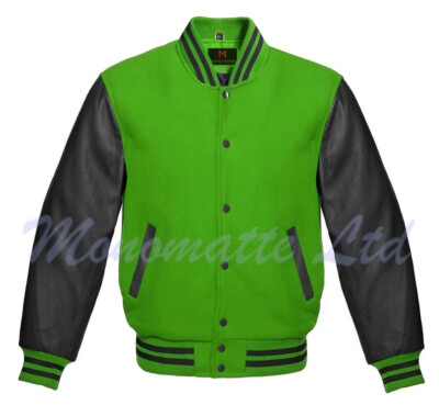 Varsity Letterman Bomber Kelly Green wool Black Genuine Leather Sleeves  Jacket