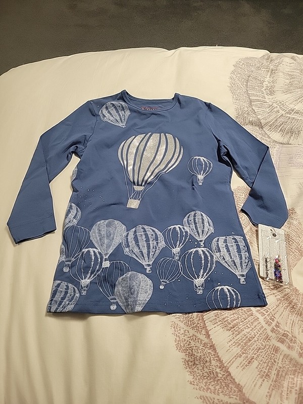 Girls New Shirt Long Sleeves Blue Size 10 Silver Hot Air Balloon Smile Everyday