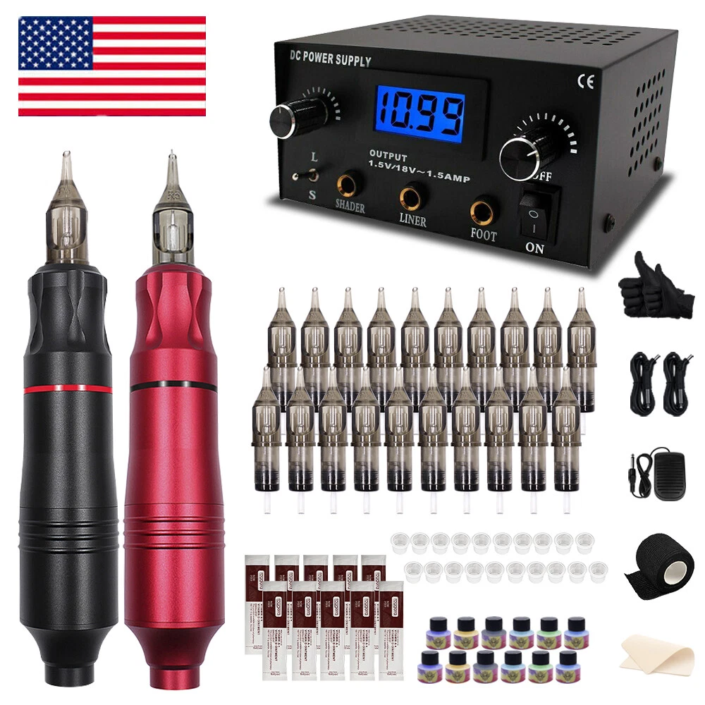 Beginner Tattoo Pen Kit Rotary Tattoo Gun Cartridge Needle Practice Skin 12 Inks