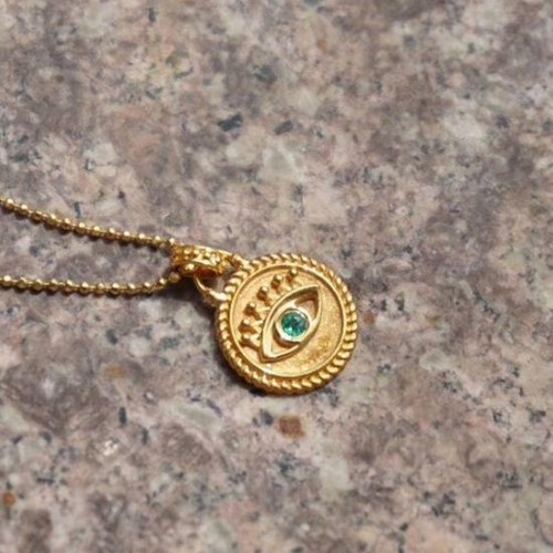 Vintage Evil Eye Emerald Women Classics Coin Pendant Solid 14K Yellow Gold Gift - Picture 3 of 5