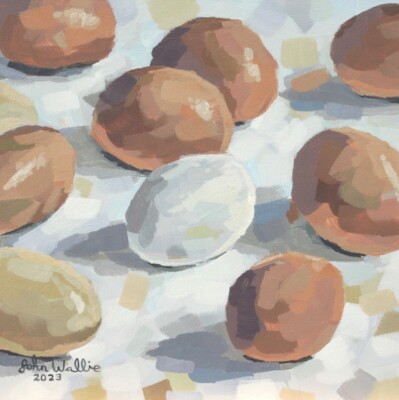 Original Still Life Painting - ''Mostly Brown Eggs'' - 6 x 6 inch by John Wallie