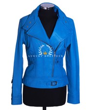 Tara Electric Blue Ladies Womens Retro Casual Real Lambskin Leather Jacket