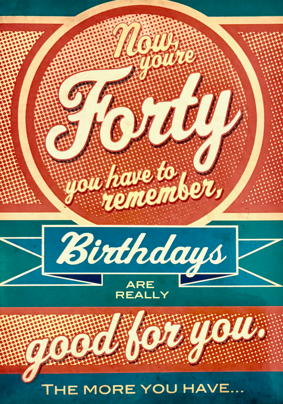 Now you're forty Birthday greetings card, humour theme, brand new